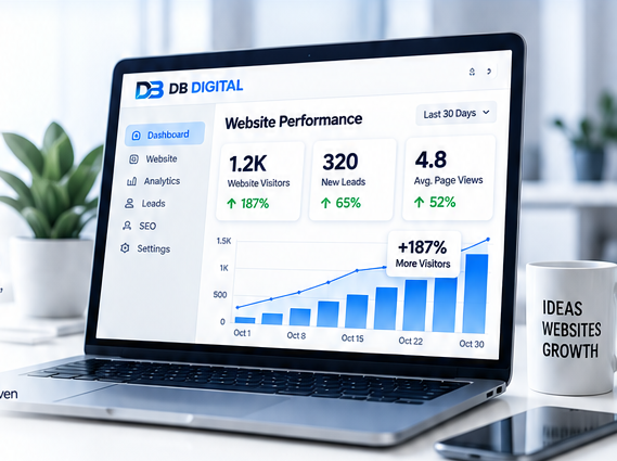 DB Digital website performance dashboard displayed on a laptop